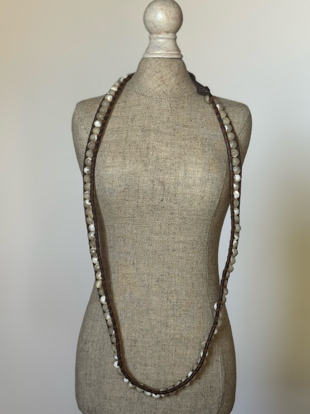 Cream Stone & Leather Long Wrap Necklace / Multi-Layer Cuff